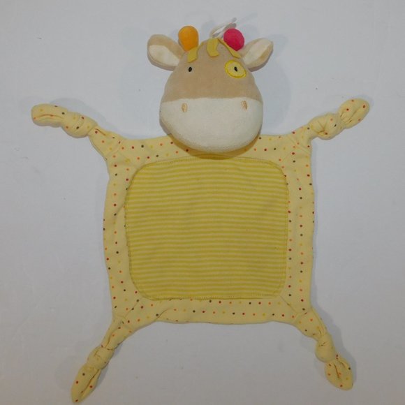 Tan Yellow Rattle Cow Polka Dots Stripes Knotted Corners Security Blanket - Picture 1 of 5